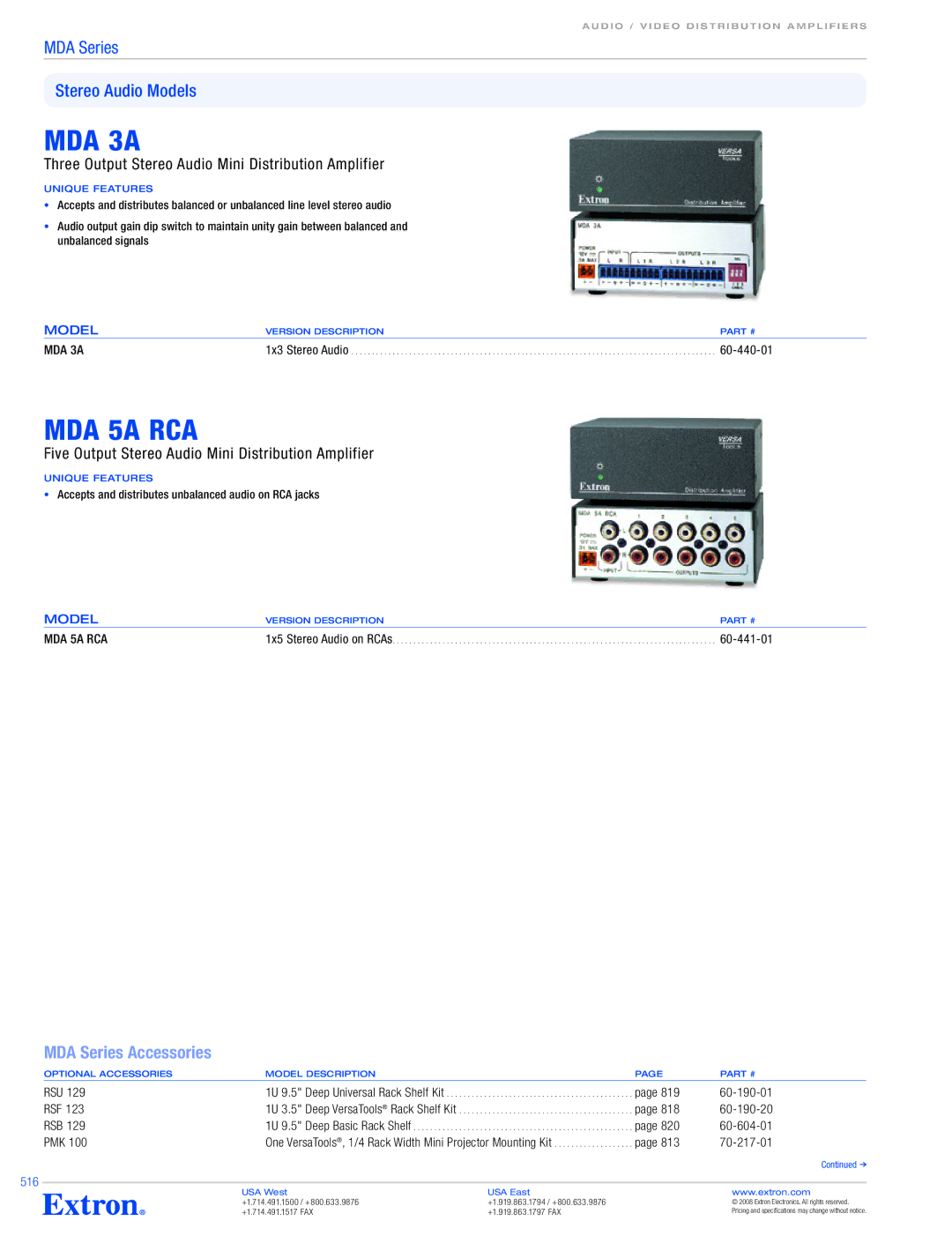 Extron electronic MDA Series, MDA 3V DUAL MDA 3A, MDA 5A RCA, Three Output Stereo Audio Mini Distribution Amplifier 