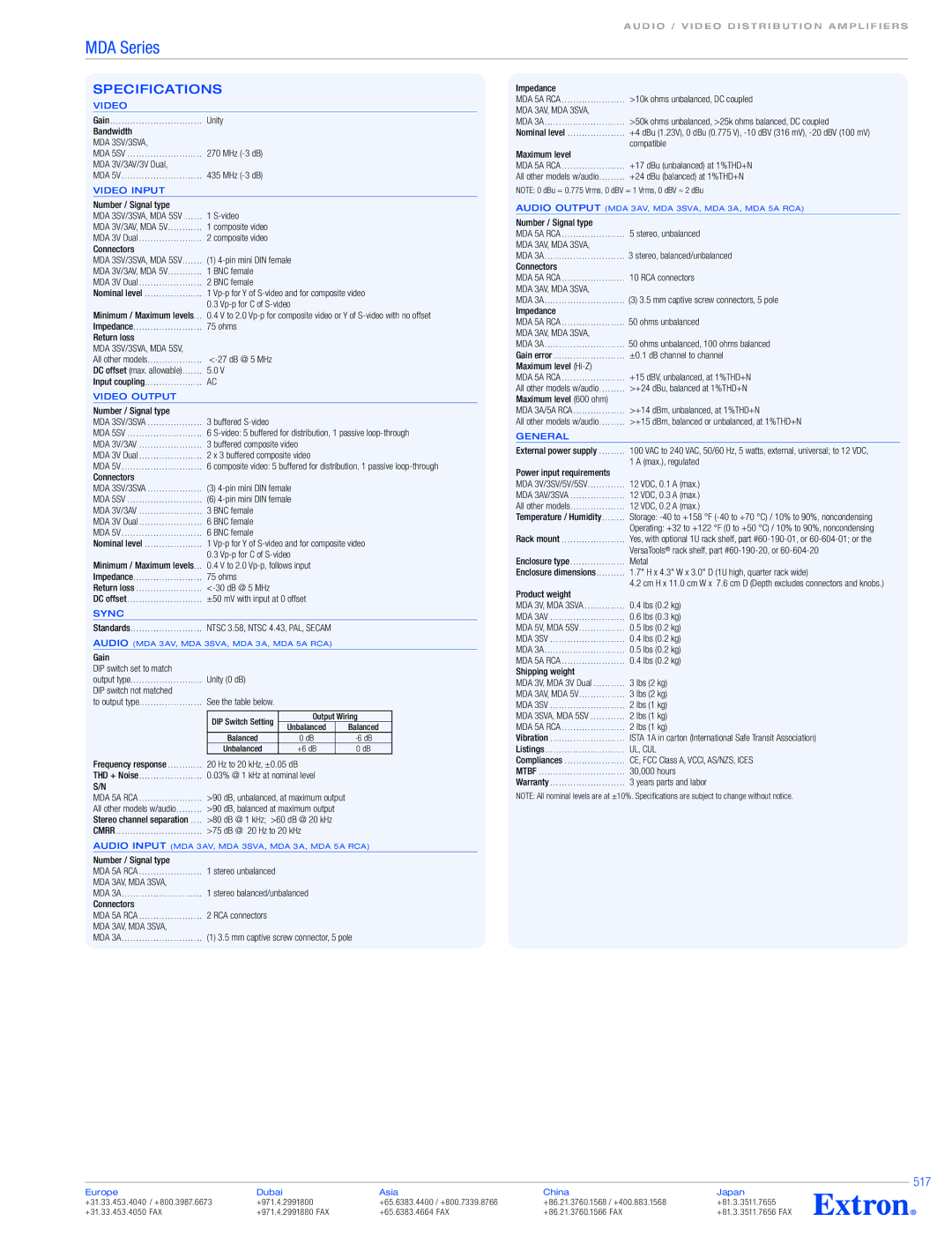 Extron electronic MDA 3V 1x3, MDA 3V DUAL, MDA Series specifications Specifications, 517 