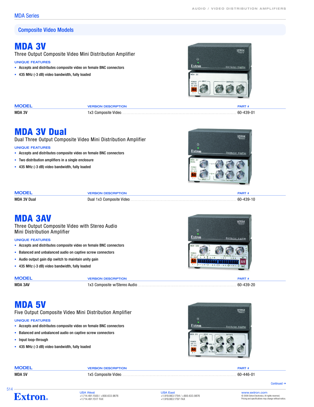 Extron electronic MDA 3V 1x3, MDA 3V DUAL specifications MDA 3V Dual, MDA 3AV, MDA Series Composite Video Models 