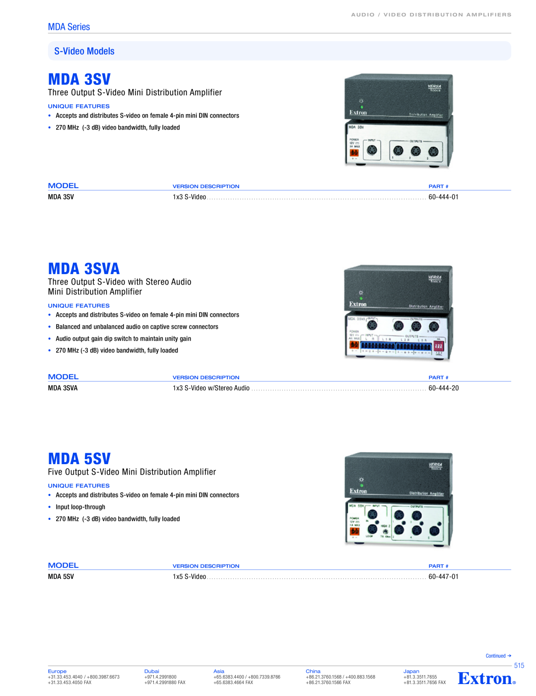 Extron electronic MDA 3V DUAL, MDA 3V 1x3 MDA 3SVA, MDA 5SV, MDA Series S-VideoModels, 60-444-01, 60-444-20, 60-447-01 