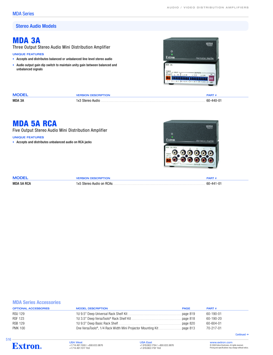 Extron electronic MDA 3V DUAL, MDA 3V 1x3 MDA 3A, MDA 5A RCA, MDA Series Stereo Audio Models, MDA Series Accessories 