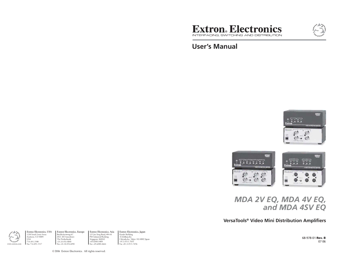 Extron electronic MDA 4SV EQ, MDA 4V EQ, MDA 2V EQ user manual User’s Manual, VersaTools Video Mini Distribution Amplifiers 