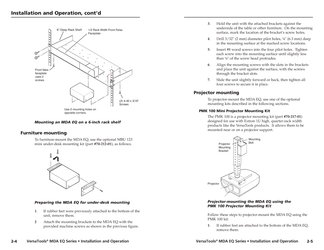 Extron electronic MDA 4SV EQ, MDA 4V EQ Installation and Operation, cont’d, Furniture mounting, Projector mounting 