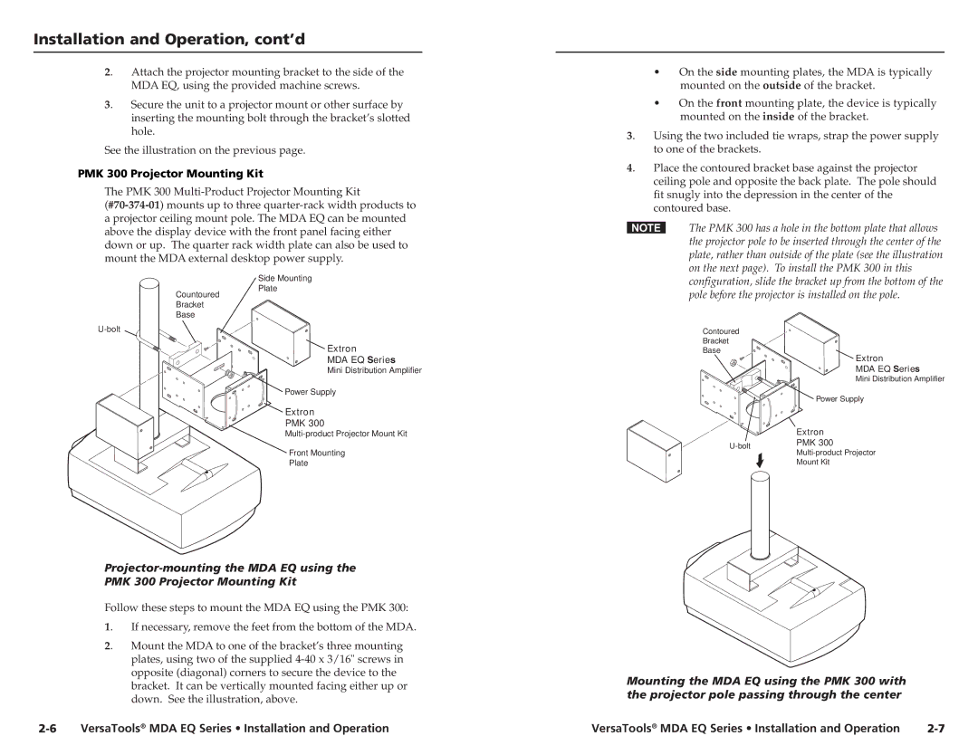 Extron electronic MDA 2V EQ, MDA 4V EQ, MDA 4SV EQ user manual PMK 300 Projector Mounting Kit 