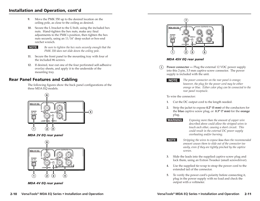 Extron electronic MDA 4SV EQ user manual Rear Panel Features and Cabling, MDA 2V EQ rear panel, MDA 4V EQ rear panel 