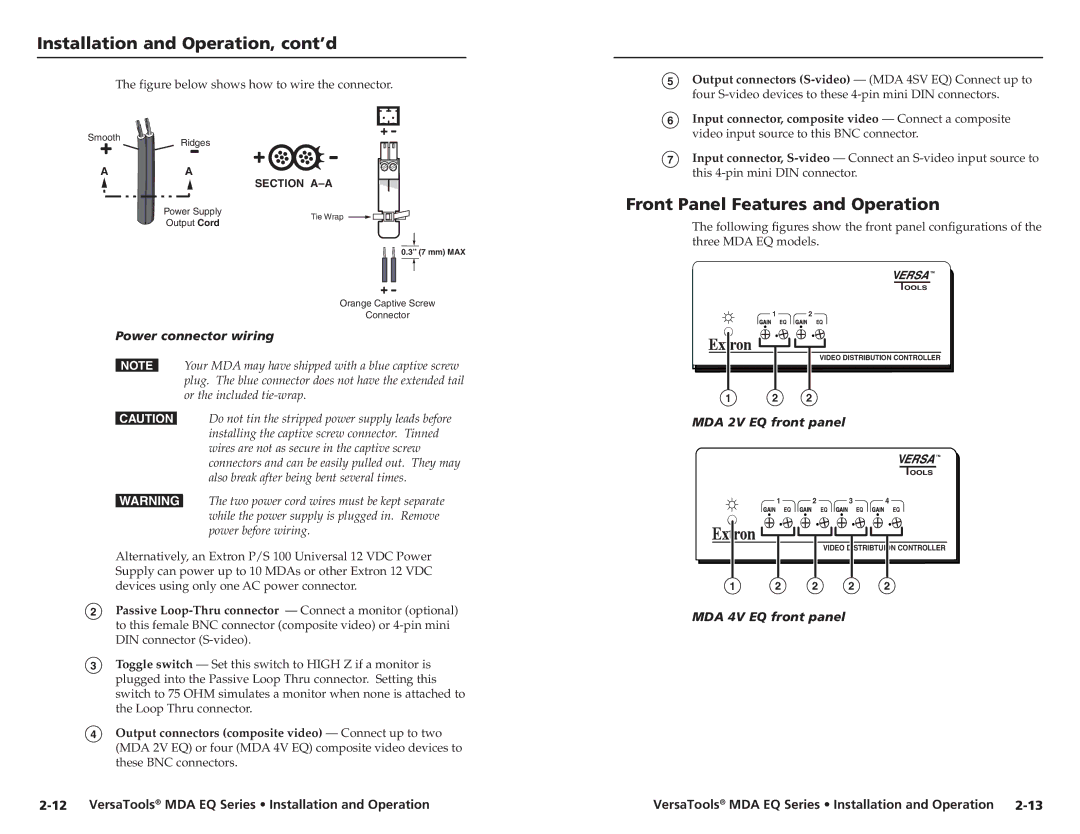 Extron electronic MDA 4V EQ Front Panel Features and Operation, Power connector wiring, MDA 2V EQ front panel 