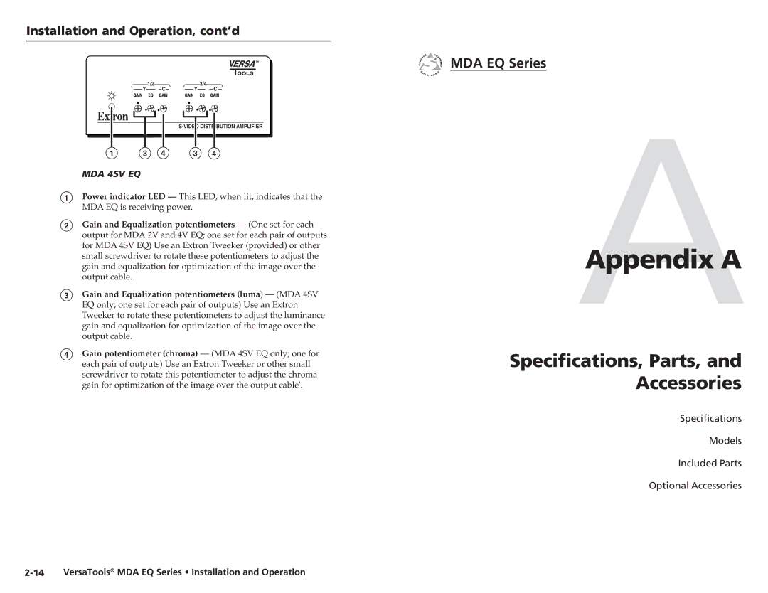 Extron electronic MDA 4V EQ, MDA 4SV EQ, MDA 2V EQ user manual AAppendix a 