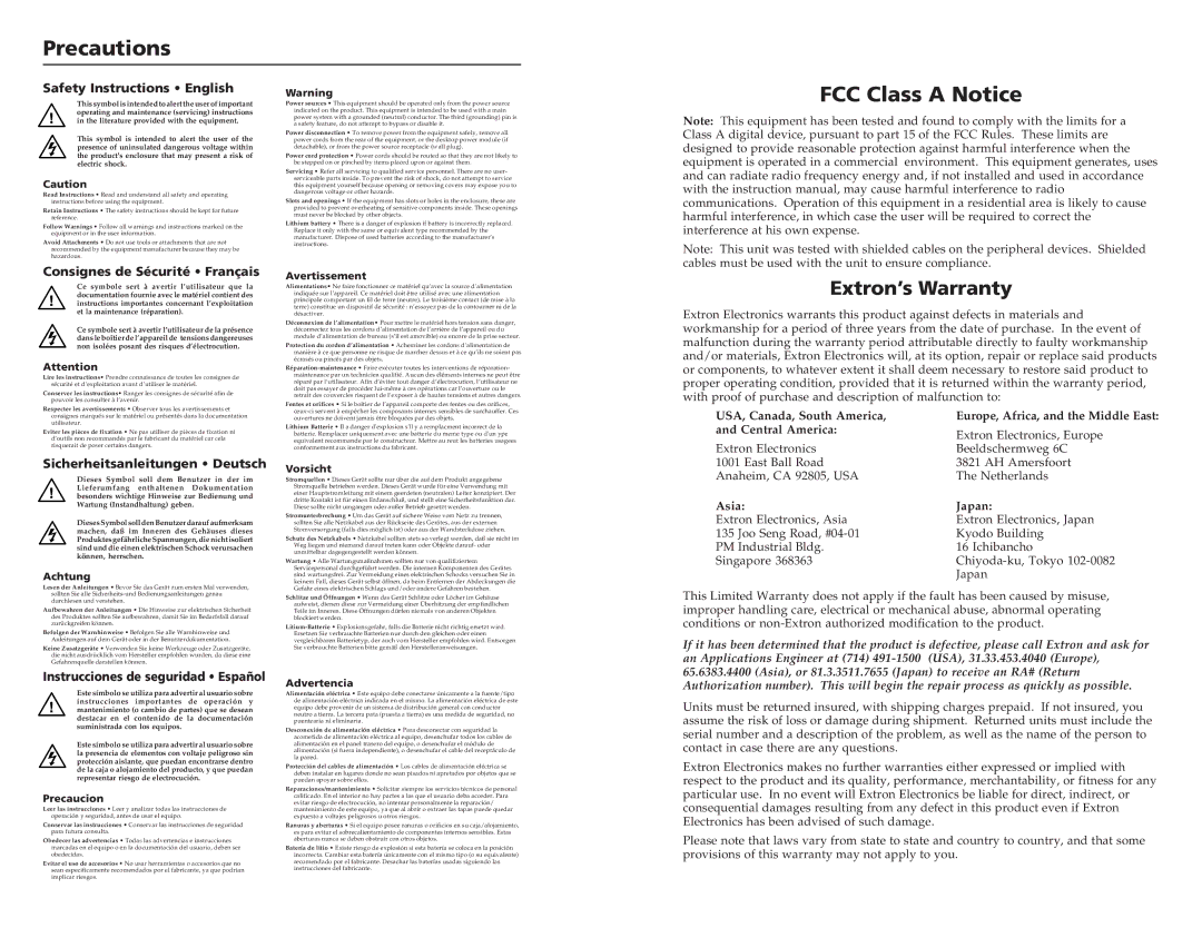 Extron electronic MDA 2V EQ, MDA 4V EQ, MDA 4SV EQ user manual Precautions, FCC Class a Notice, Extron’s Warranty 