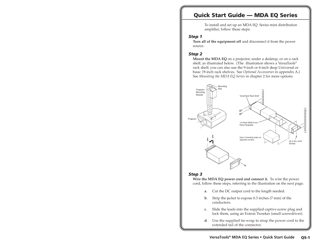 Extron electronic MDA 4SV EQ, MDA 4V EQ Quick Start Guide MDA EQ Series, Projector Mounting Bracket Mounting Bolt 