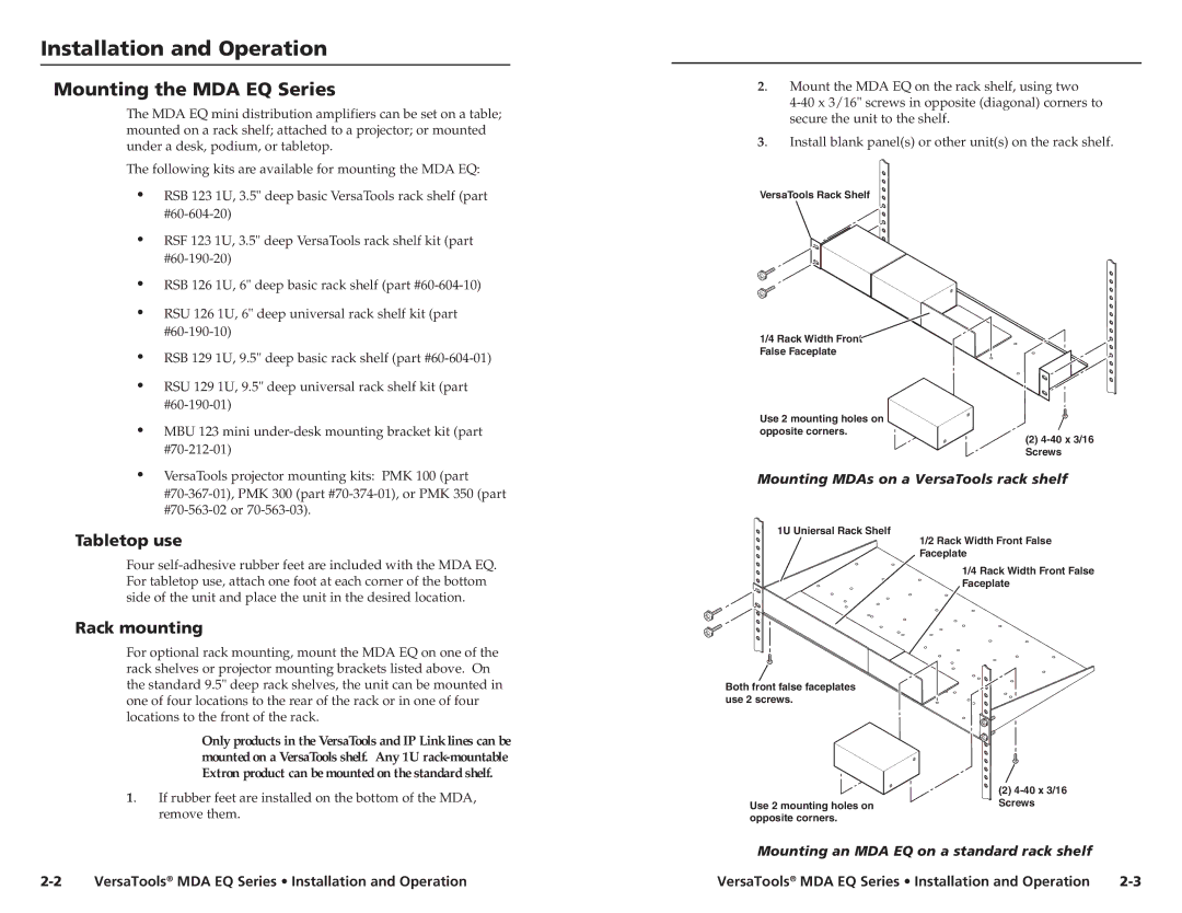 Extron electronic MDA 4V EQ, MDA 2V EQ Installation and Operation, Mounting the MDA EQ Series, Tabletop use, Rack mounting 