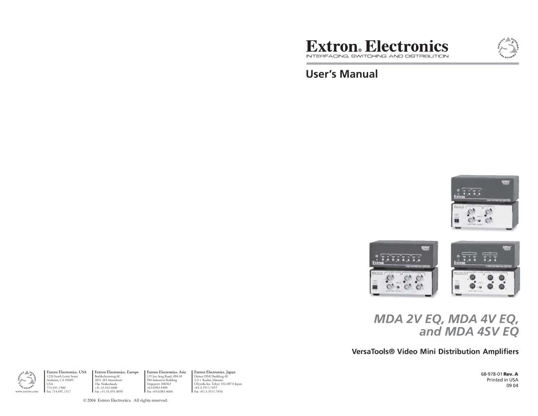 Extron electronic MDA 4SV EQ, MDA 4V EQ, MDA 2V EQ user manual User’s Manual, VersaTools Video Mini Distribution Amplifiers 