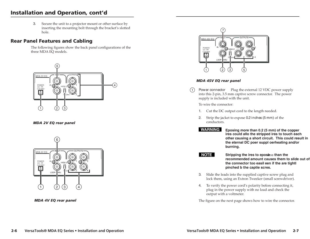 Extron electronic MDA 4SV EQ, MDA 4V EQ user manual Rear Panel Features and Cabling, MDA 2V EQ rear panel 