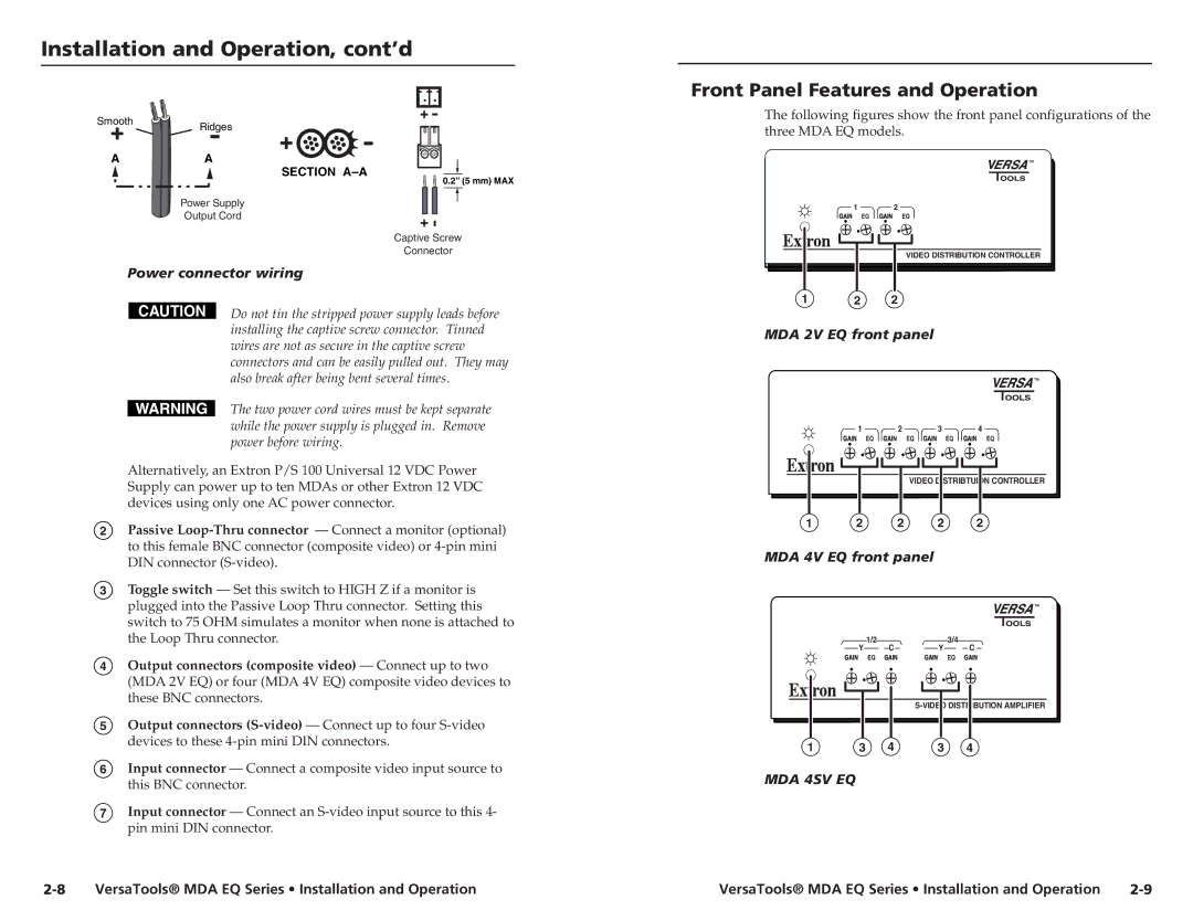 Extron electronic MDA 4V EQ Front Panel Features and Operation, Power connector wiring, MDA 2V EQ front panel 