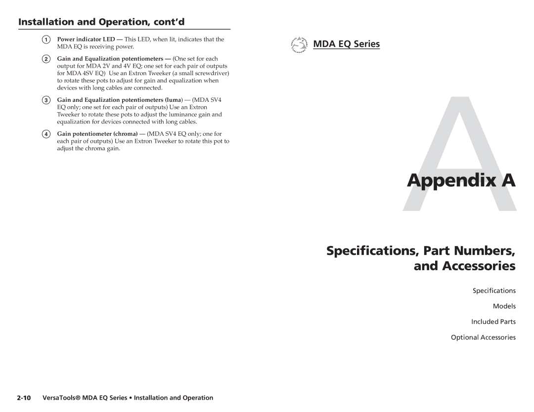 Extron electronic MDA 4V EQ, MDA 4SV EQ, MDA 2V EQ user manual AAppendix a, Specifications, Part Numbers, and Accessories 