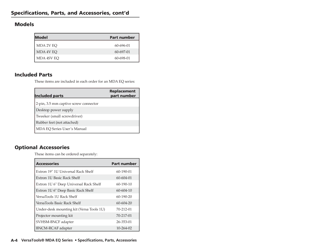 Extron electronic MDA 2V EQ Specifications, Parts, and Accessories, cont’d Models, Included Parts, Optional Accessories 