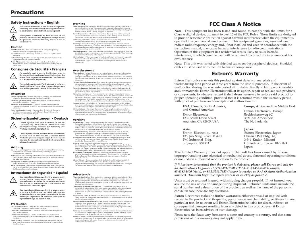 Extron electronic MDA 2V EQ, MDA 4V EQ, MDA 4SV EQ user manual Precautions, FCC Class a Notice, Extron’s Warranty 