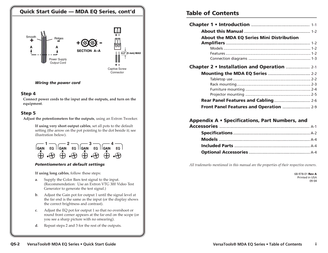 Extron electronic MDA 4SV EQ, MDA 4V EQ, MDA 2V EQ user manual Table of Contents 