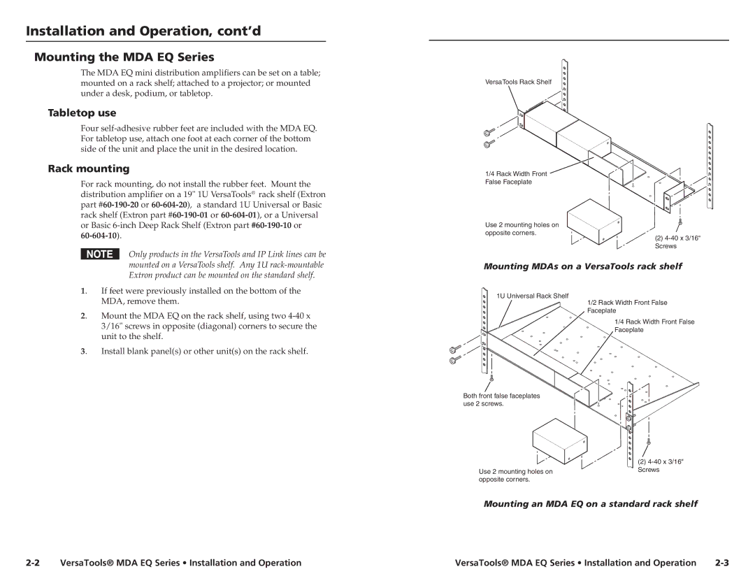 Extron electronic MDA 2V EQ Installation and Operation, cont’d, Mounting the MDA EQ Series, Tabletop use, Rack mounting 