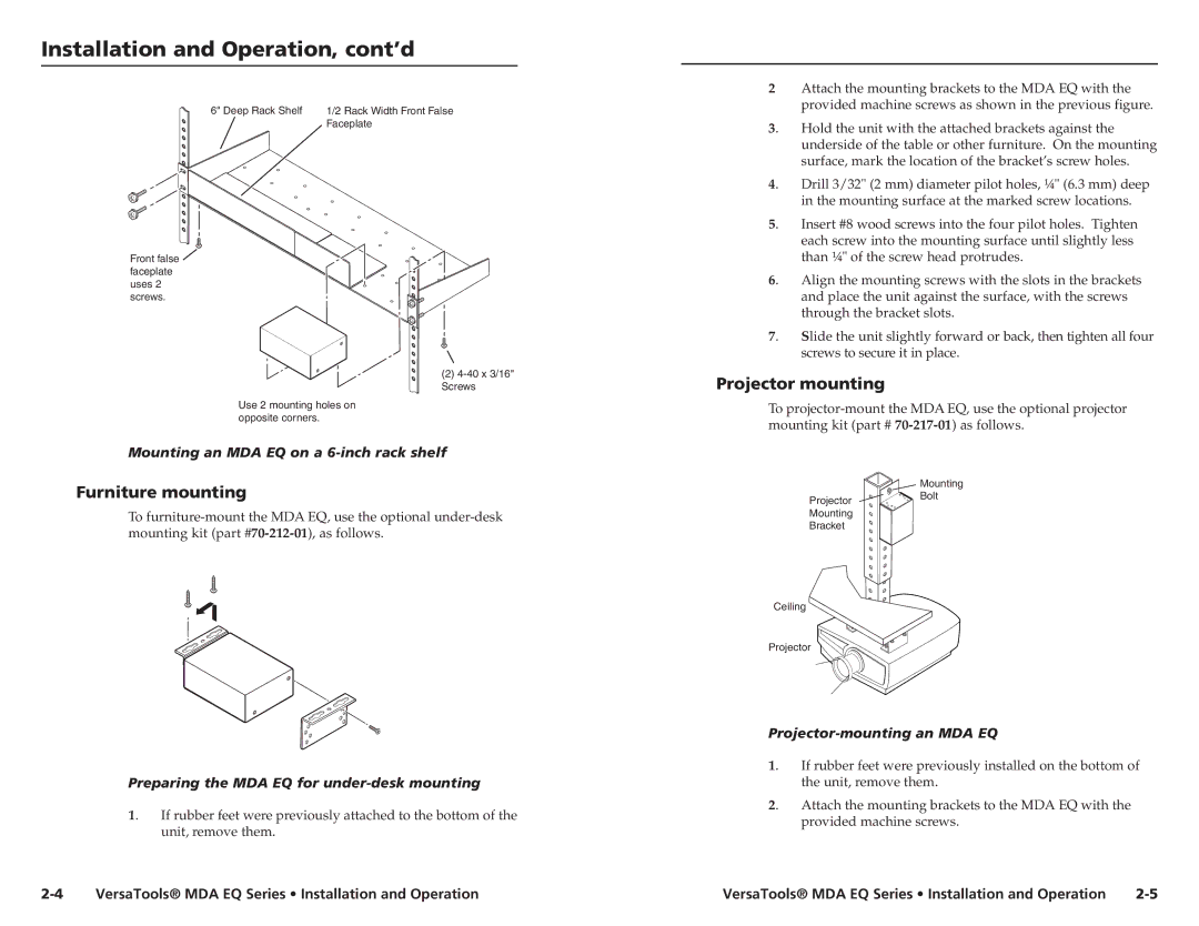 Extron electronic MDA 4V EQ, MDA 4SV EQ Projector mounting, Furniture mounting, Mounting an MDA EQ on a 6-inch rack shelf 