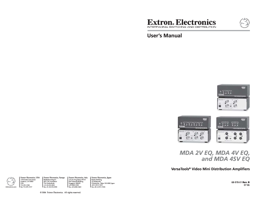 Extron electronic MDA 4SV EQ user manual VersaTools Video Mini Distribution Amplifiers, User’s Manual, 68-978-01 Rev. B 