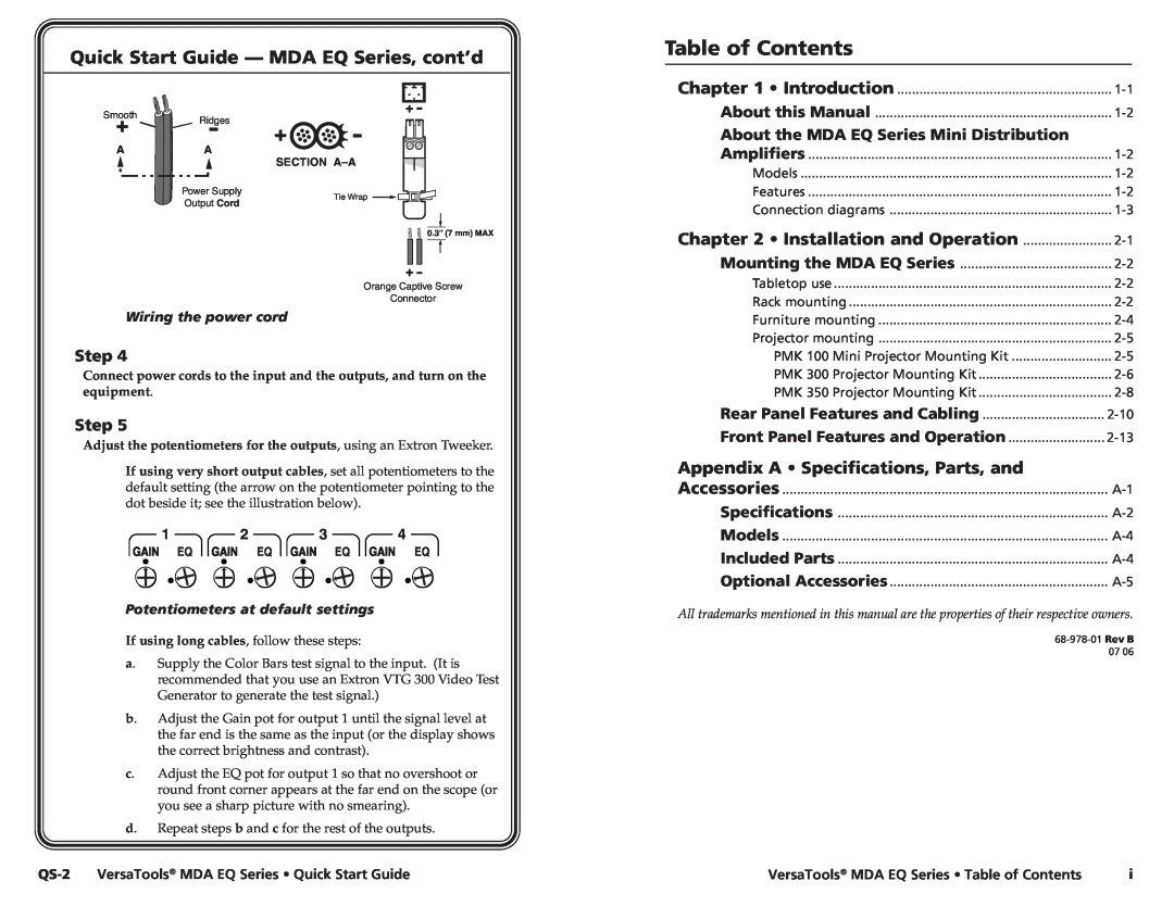 Extron electronic MDA 2V EQ Table of Contents, Quick Start Guide - MDA EQ Series, cont’d, Step, Installation and Operation 