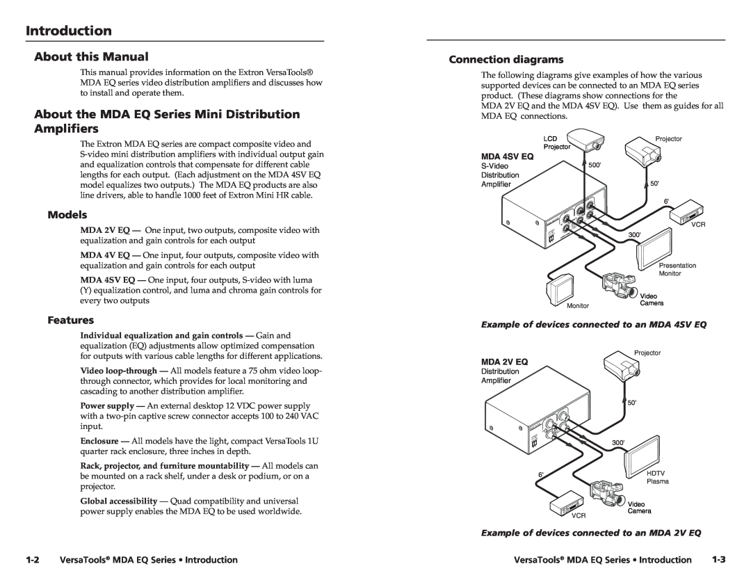 Extron electronic MDA 4SV EQ, MDA 4V EQ Introduction, About this Manual, Models, Features, Connection diagrams, MDA 2V EQ 