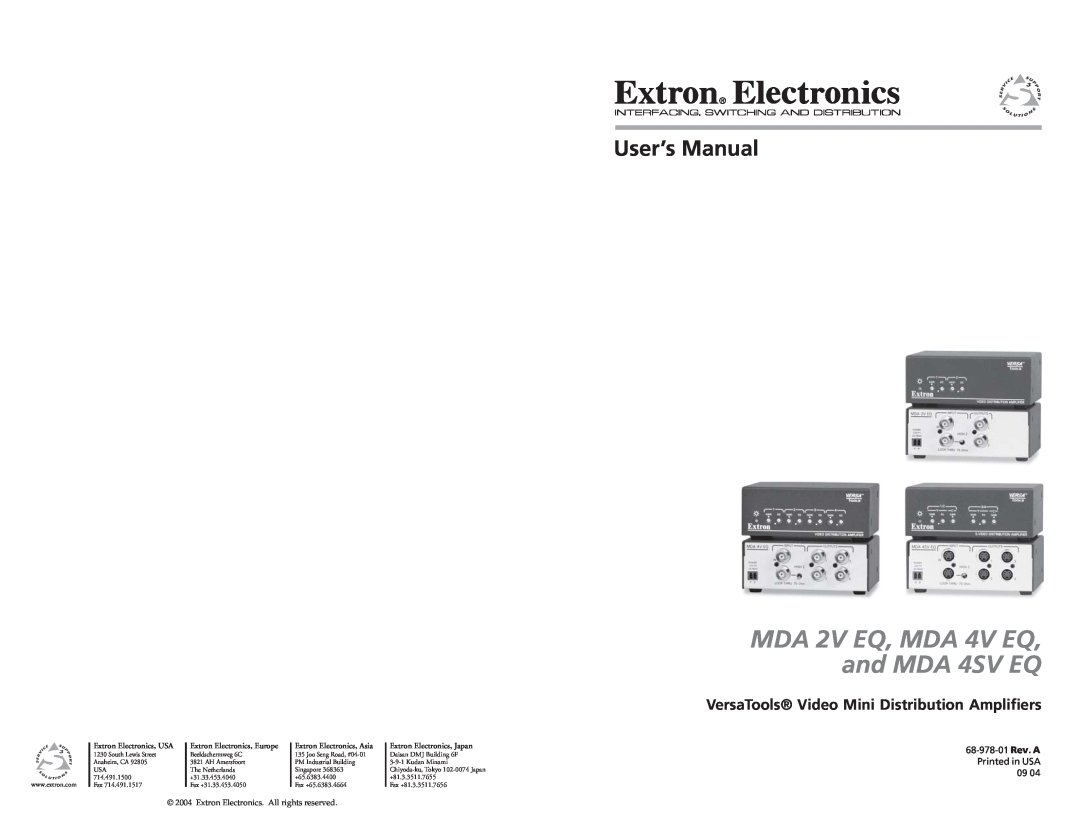 Extron electronic MDA 4SV EQ, MDA 4V EQ user manual VersaTools Video Mini Distribution Amplifiers, Extron Electronics, USA 