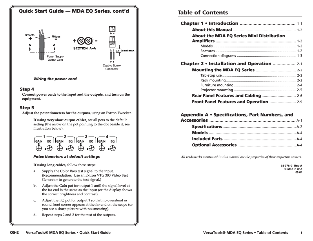 Extron electronic MDA 4SV EQ Table of Contents, Quick Start Guide - MDA EQ Series, cont’d, Step, Amplifiers, Introduction 
