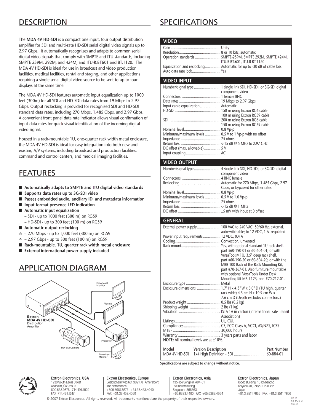 Extron electronic MDA 4V HD-SDI manual DESCRIPTIONspecifications, Features, Application Diagram 