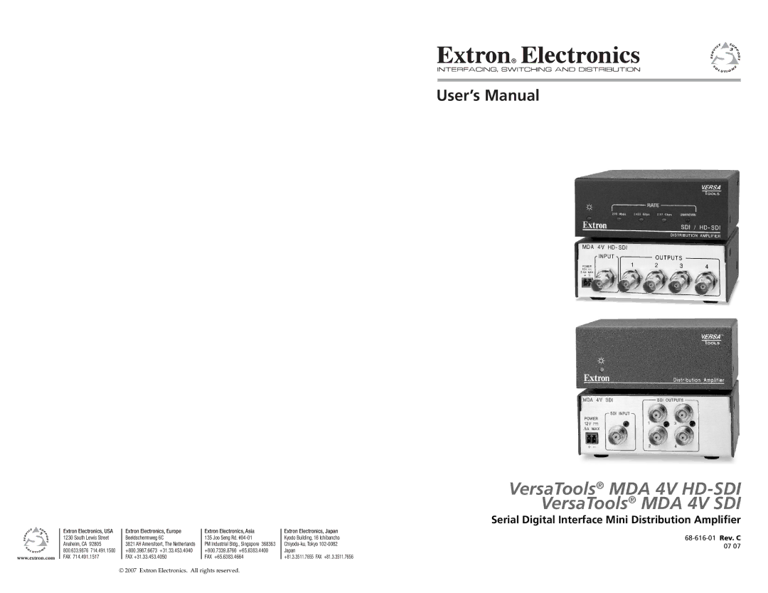 Extron electronic MDA 4V HD-SDI, MDA 4V SDI user manual User’s Manual, Serial Digital Interface Mini Distribution Ampliﬁer 