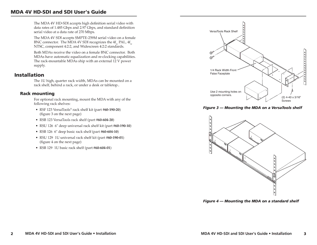 Extron electronic MDA 4V SDI user manual MDA 4V HD-SDI and SDI Users Guide, Installation, Rack mounting 