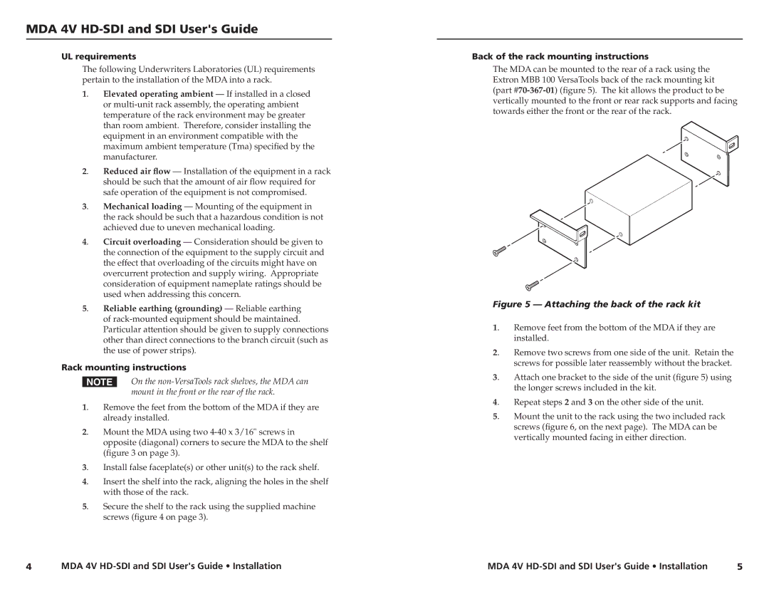 Extron electronic MDA 4V SDI UL requirements, Rack mounting instructions, Back of the rack mounting instructions 