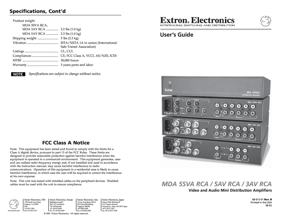 Extron electronic specifications Specifications, Cont’d, FCC Class A Notice, MDA 5SVA RCA / 5AV RCA / 3AV RCA 