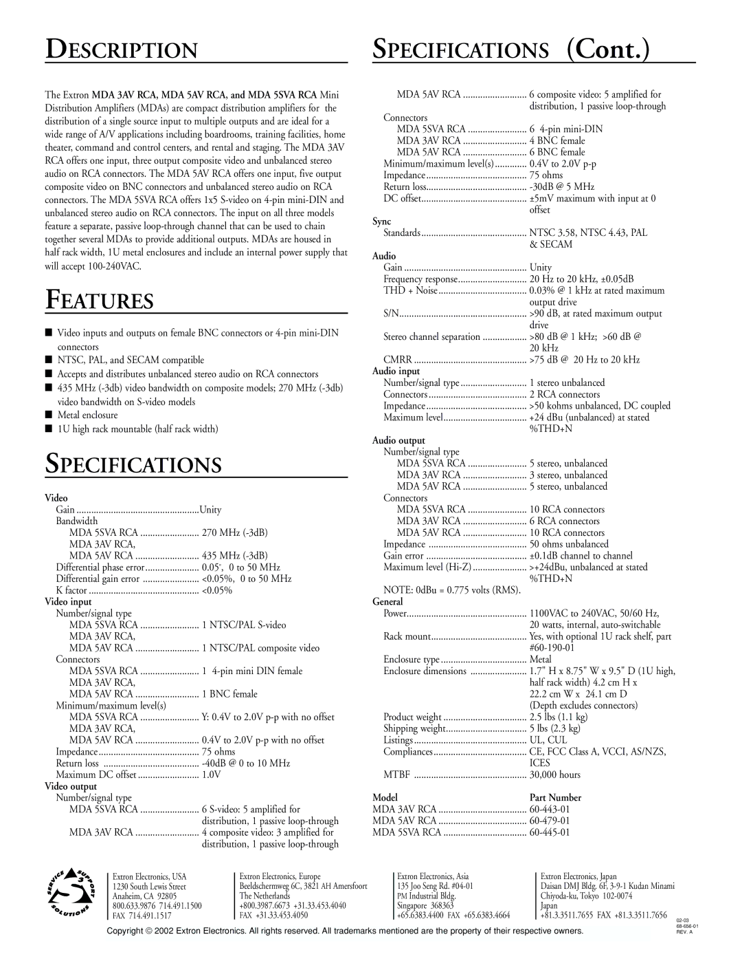 Extron electronic MDA 3AV RCA, MDA 5SVA RCA, MDA 5AV RCA manual Description, Features, Specifications 