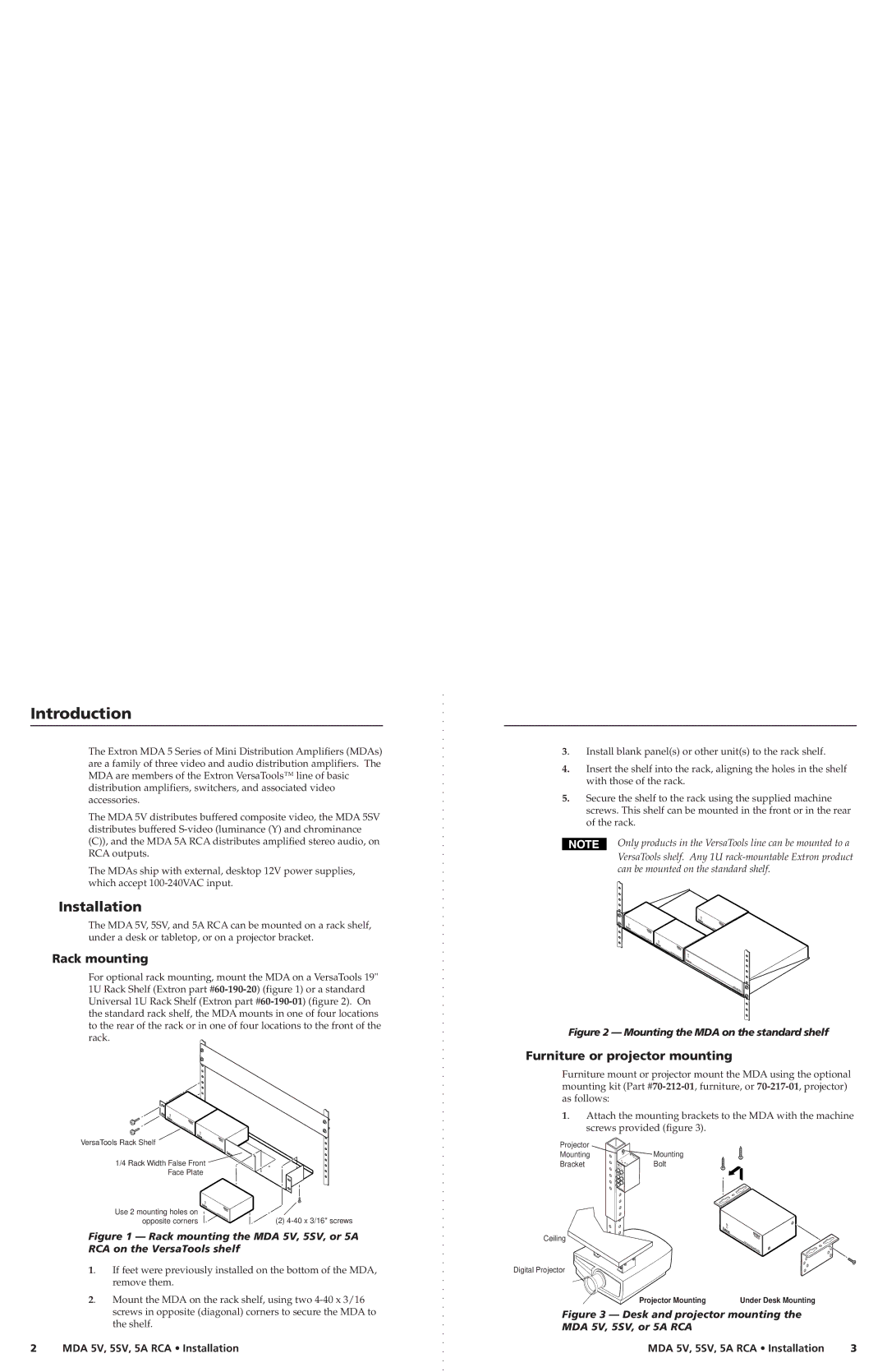 Extron electronic 5A RCA, MDA 5V, 5SV Introduction, Installation, Rack mounting, Furniture or projector mounting 