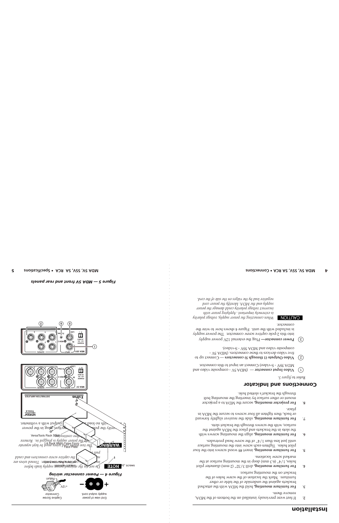 Extron electronic 5SV, MDA 5V, 5A RCA instruction manual Specifications 