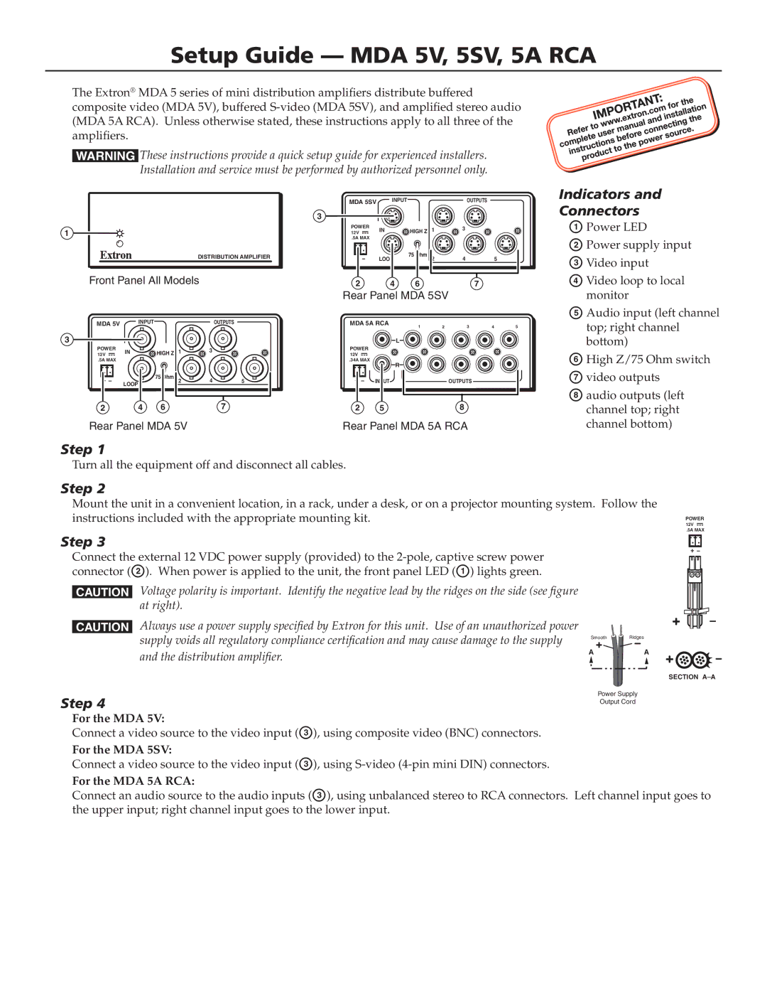 Extron electronic MDA 5V setup guide Indicators and Connectors, Step, For the MDA 5SV, For the MDA 5A RCA 