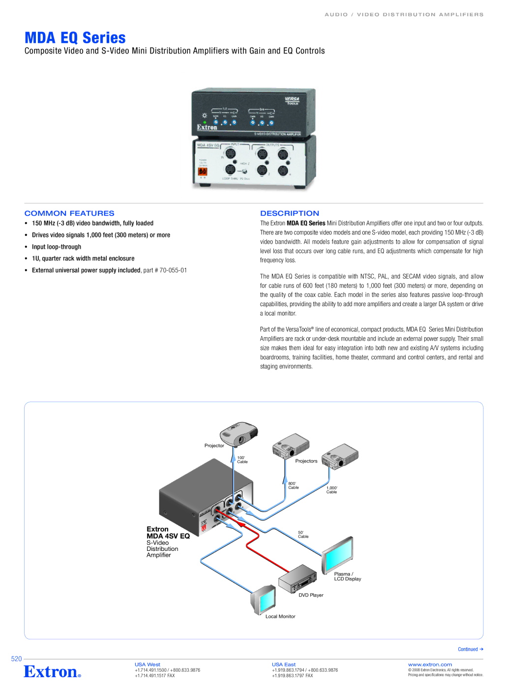 Extron electronic MDA EQ Series specifications Common Features 