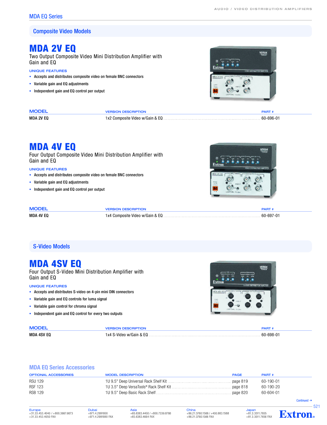 Extron electronic MDA EQ Series specifications MDA 2V EQ, MDA 4V EQ, MDA 4SV EQ 