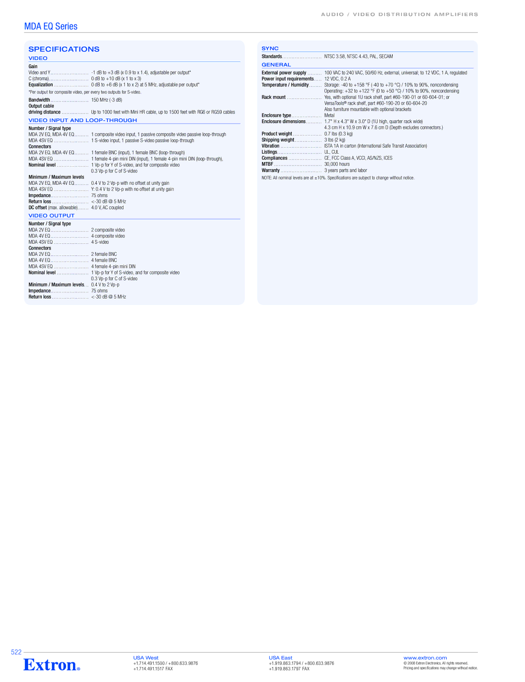 Extron electronic MDA EQ Series specifications 522 