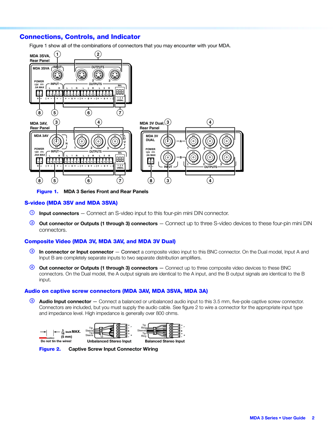 Extron electronic MDA 3A RCA, MDA3, MDA 3SV DUAL Connections, Controls, and Indicator, S-videoMDA 3SV and MDA 3SVA 