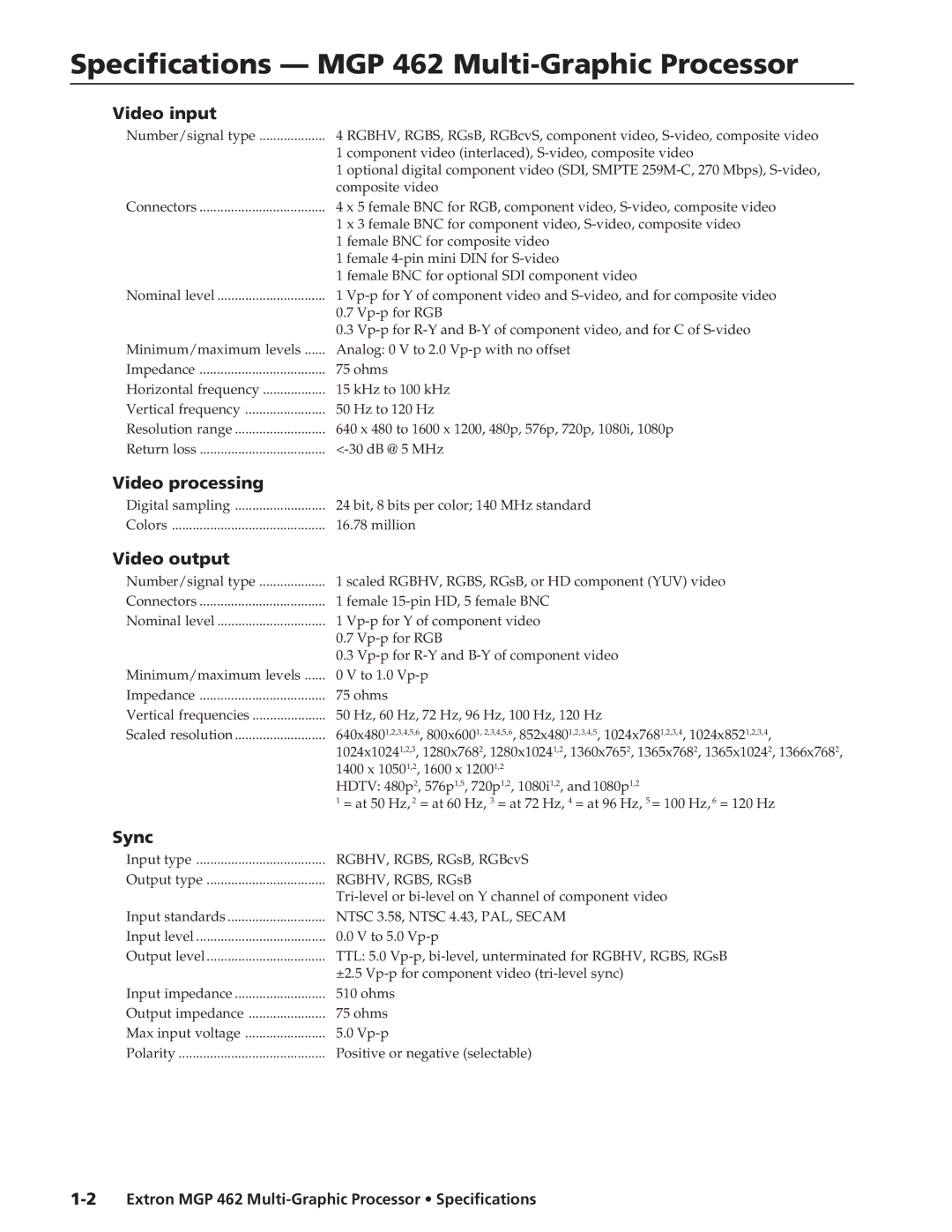 Extron electronic specifications Specifications MGP 462 Multi-Graphic Processor, Video input, Video processing, Sync 