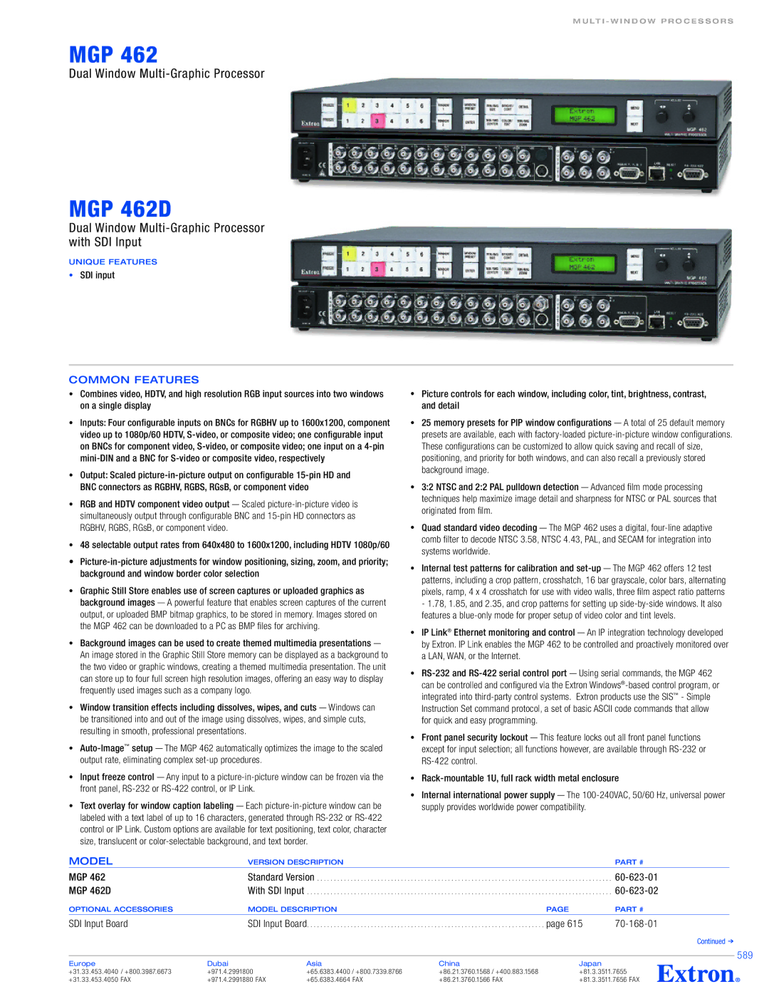 Extron electronic MGP 462D specifications Common Features, Model, Mgp, 60-623-02, SDI Input Board, 70-168-01 589 