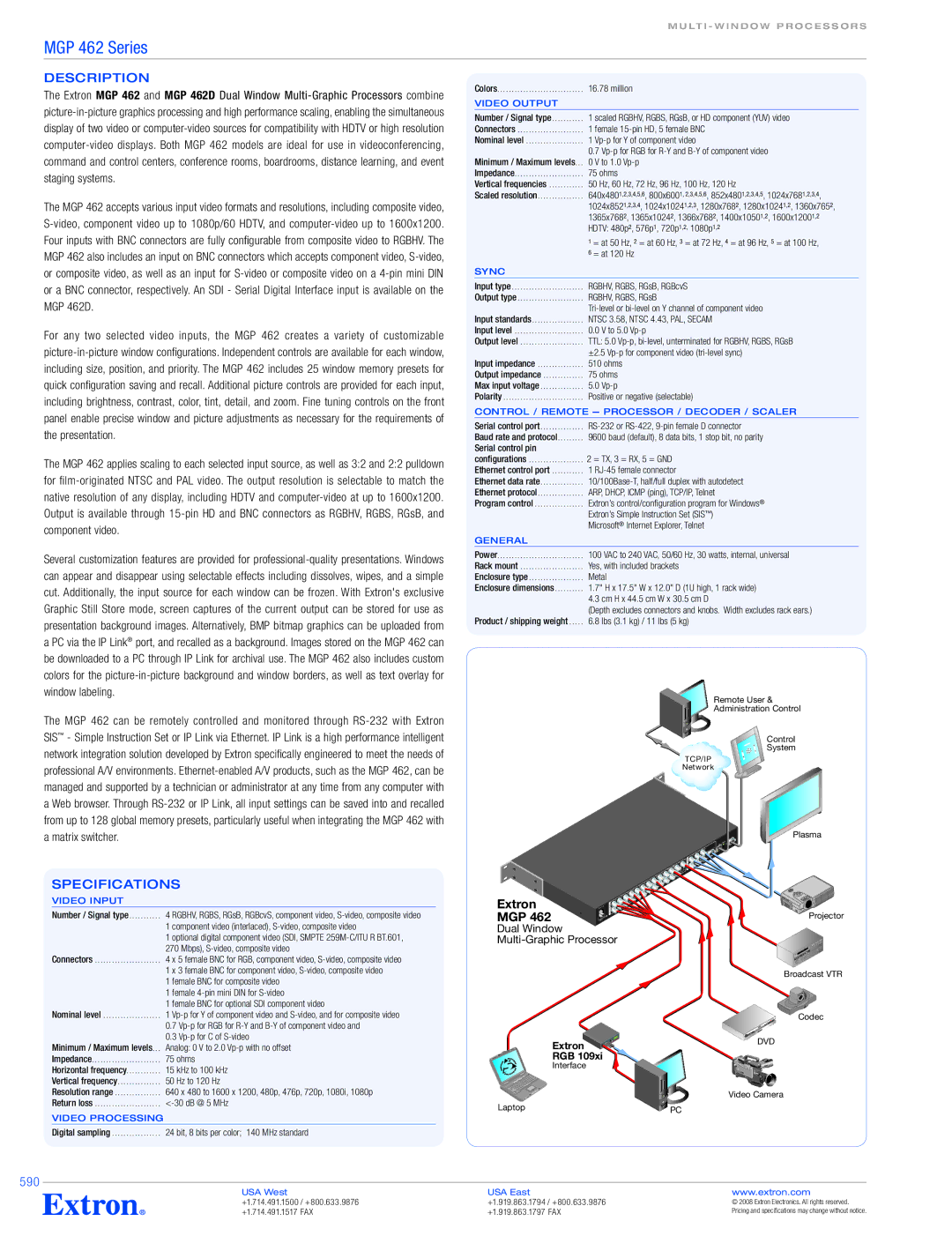 Extron electronic MGP 462D specifications Description, Specifications, 590 