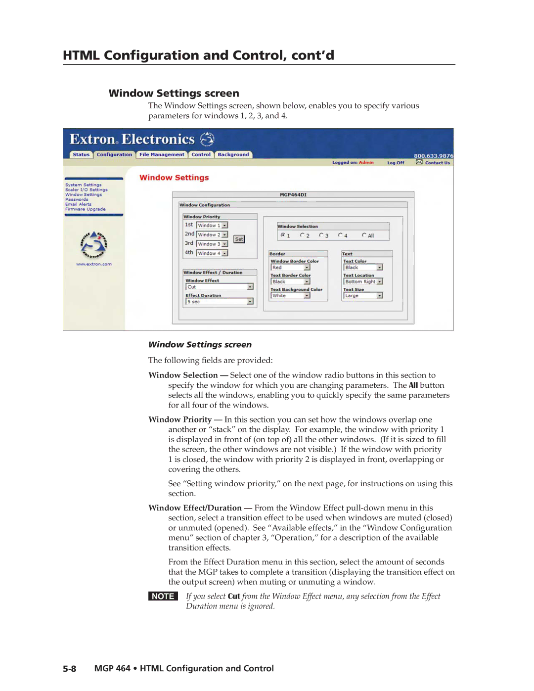 Extron electronic MGP 464 DI manual Window Settings screen 