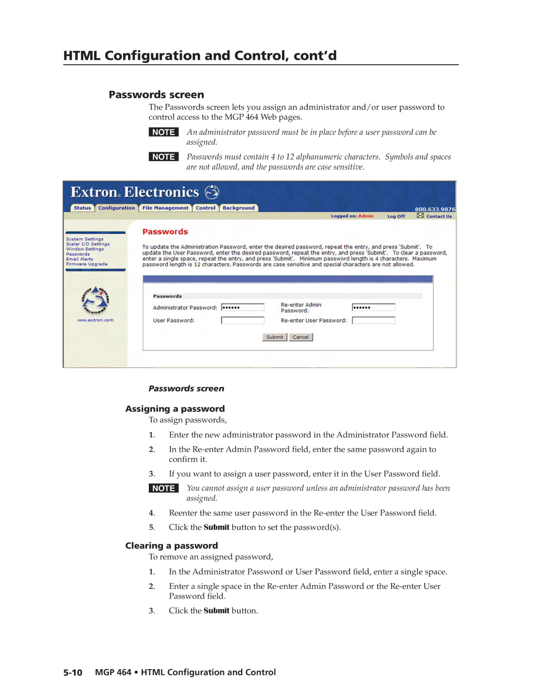 Extron electronic MGP 464 DI manual Passwords screen, Assigning a password, Clearing a password 