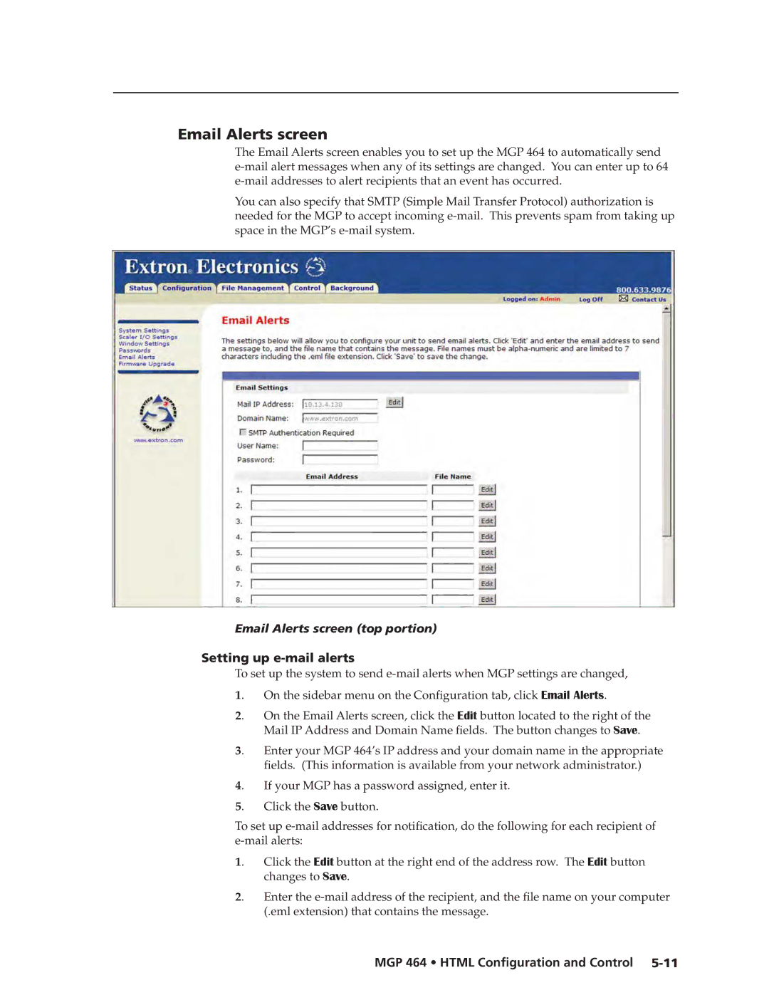 Extron electronic MGP 464 DI manual Email Alerts screen top portion, Setting up e-mail alerts 