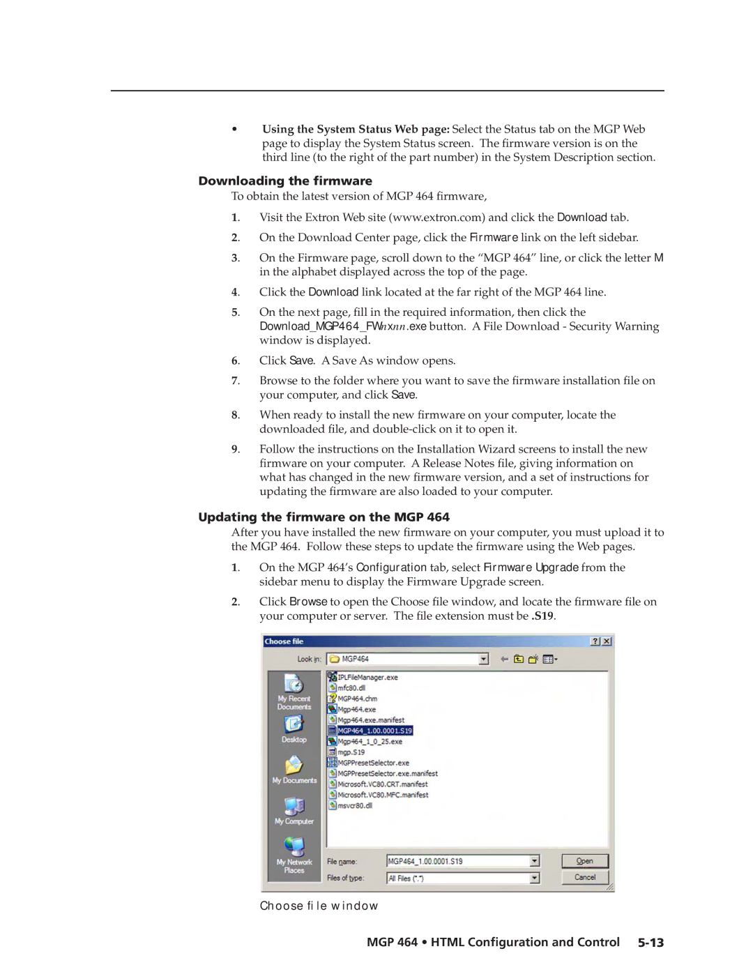 Extron electronic manual Downloading the firmware, To obtain the latest version of MGP 464 firmware, Choose file window 