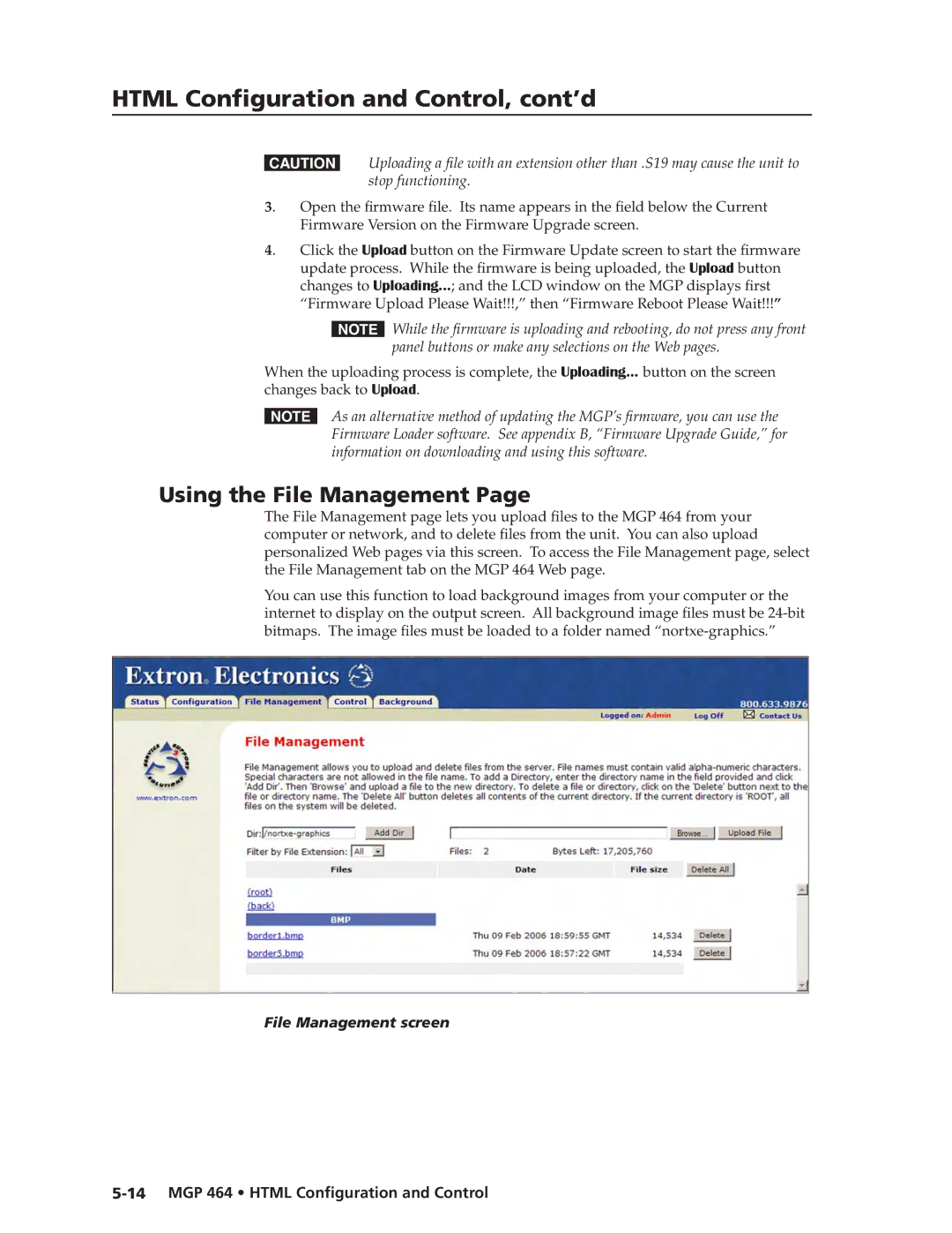 Extron electronic MGP 464 DI manual Using the File Management, Firmware Version on the Firmware Upgrade screen 