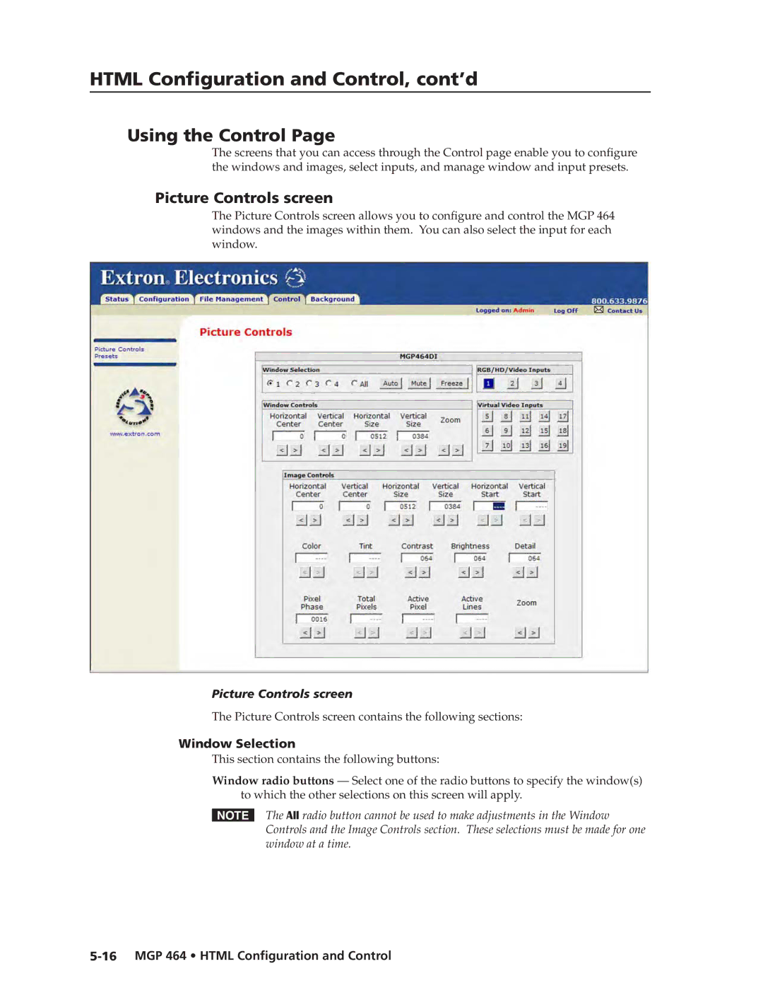 Extron electronic MGP 464 DI manual Using the Control, Picture Controls screen, Window Selection 